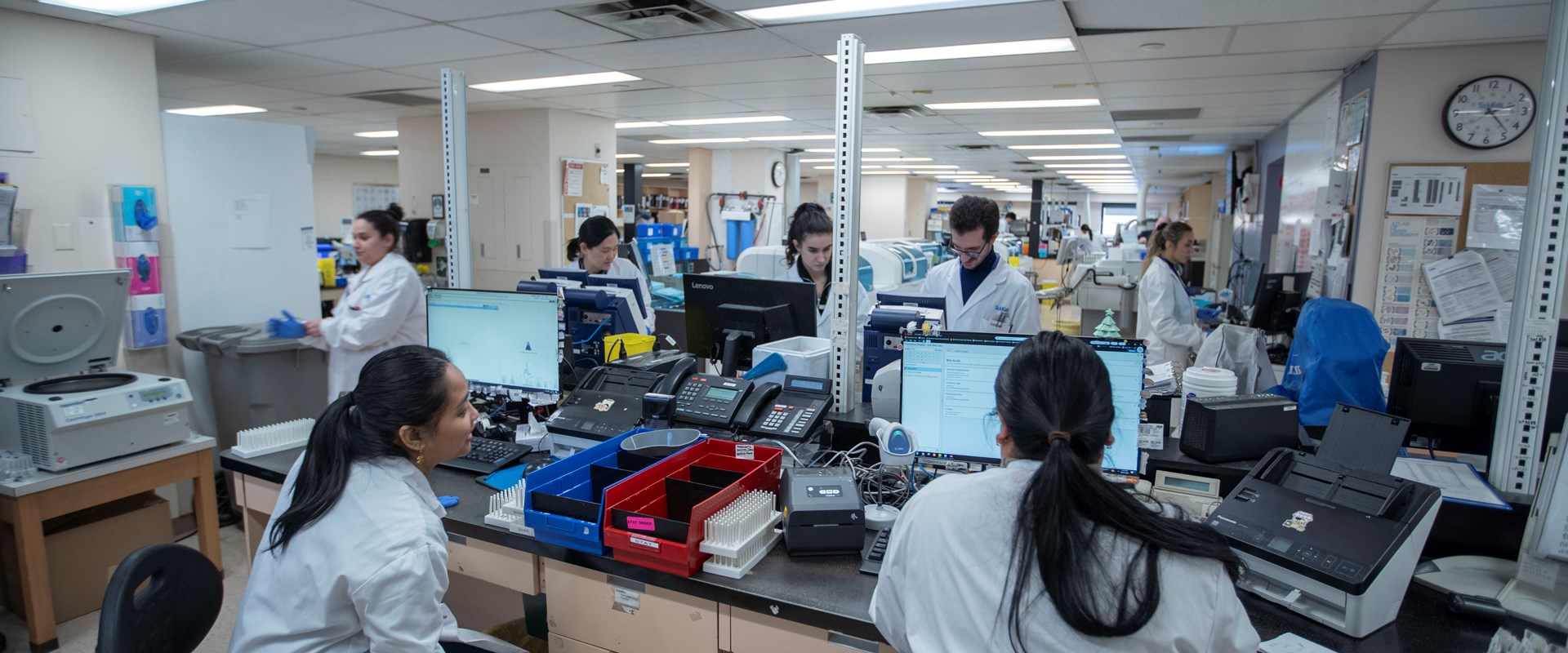 Two lab professionals in lab coats seated at a bench in front of two computers. In the background are other lab professionals at work.