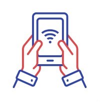 Illustration of two hands holding a smartphone with a Wi-Fi signal icon displayed on the screen.