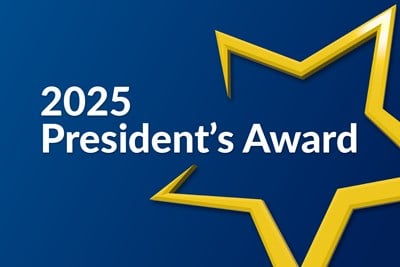 Blue background with large yellow star outline and white text that reads “2025 President’s Award.”